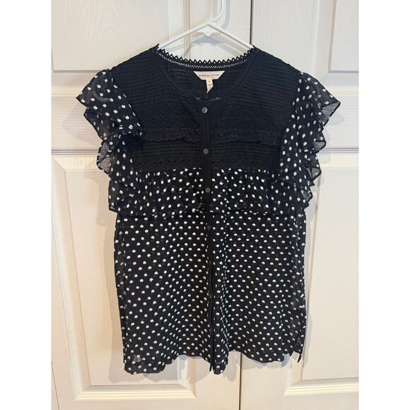 Rebecca Taylor Black & White Polka Dot Ruffle Lace Blouse – Size 12 - Picture 3 of 7